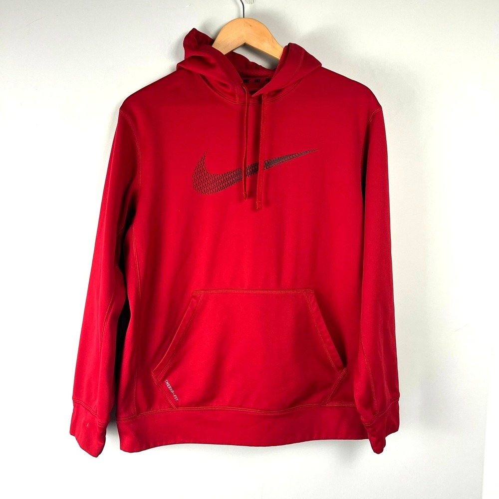 Nike Therma-FIT Mens Red Hoodie Center Swoosh Pullover Sweatshirt M Athleisure